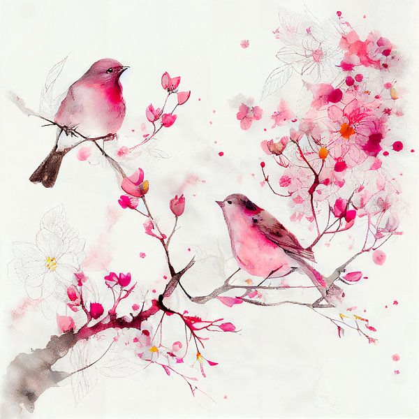 Pink Cherryblossoms &amp; pink birds by Bianca ter Riet