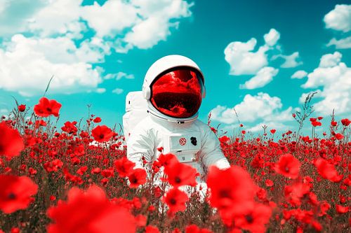 Astronaut in een klaprozenveld onder een blauwe hemel