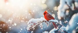 Red bird in the snow by Poster Art Shop