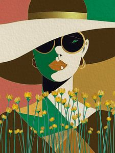 Collage eines Porträts einer Frau, die einen großen Hut und eine Sonnenbrille trägt. Buntes Retro - 15