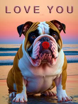 Cute bulldog with a heartfelt message – Red rose "Liebe Dich"