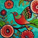 Red bird with large flowers by Jan Keteleer (JanKé): A Journey Beyond the Canvas thumbnail