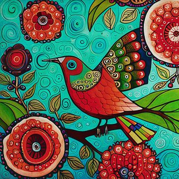 Red bird with large flowers by Jan Keteleer