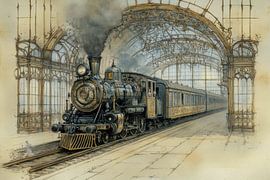 Painting of a steam train in a train station, vintage, Golden Age, earth tones by Peter Pen Drawings and Paintings