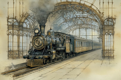 Painting of a steam train in a train station, vintage, Golden Age, earth tones