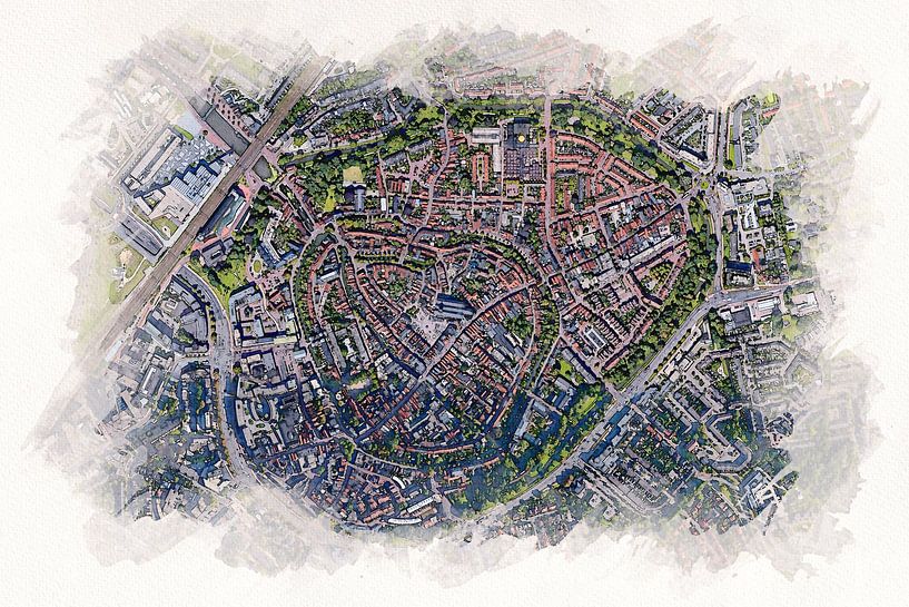 Kaart van Amersfoort in aquarel stijl van Aquarel Creative Design