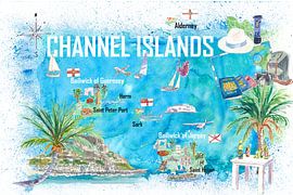 Channel Islands Guernsey Jersey Alderney Illustrated Travel Map with Roads and Highlights by Markus Bleichner