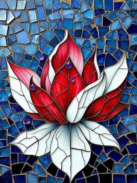 Captivante mosaïque de lotus : Une symphonie de rouge, de blanc et de bleu par Artistic