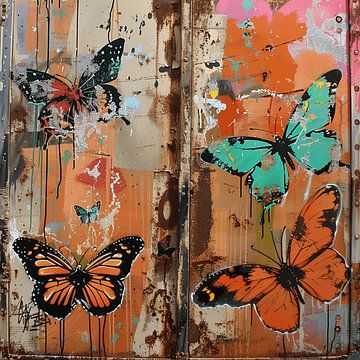 vlinders graffiti roestige stadscontainer natuurscène van gm_designs