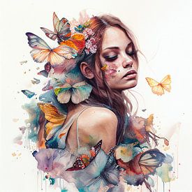Portrait aquarelle de la muse papillon sur Chromatic Fusion Studio