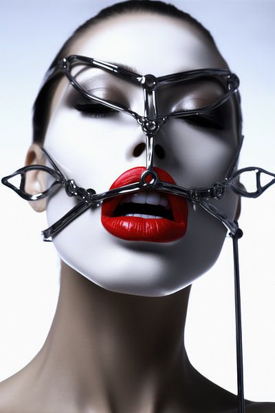 Digitaal creëerde hele mooie vrouw met bizarre fetisj masker in high fashion stijl van Art Bizarre
