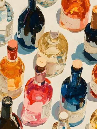 Stilleven van Gekleurd Glas en Flessen
