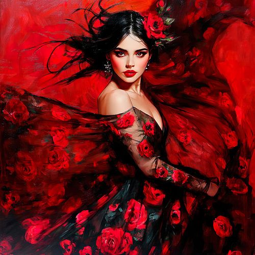 Sensuele flamenco danseres in rozenjurk met zwart en rood