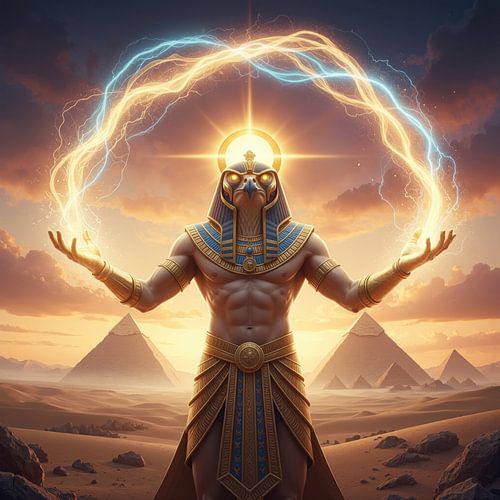 Horus Statue in Desert with Electric Arc and Pyramids