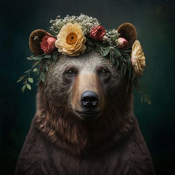 Brown bear portrait with summer flowers by Vlindertuin Art