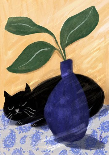 Slapende Zwarte Kat Op Paisly Illustratie