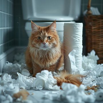 Un chat joueur qui fait des bêtises dans la salle de bain