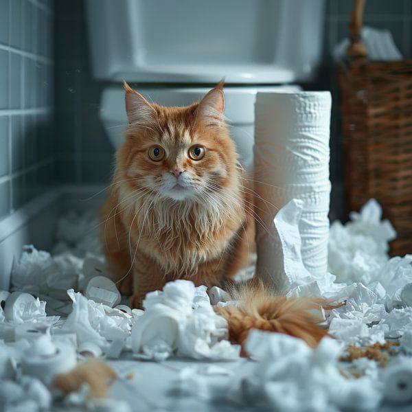 Un chat joueur qui fait des bêtises dans la salle de bain par Poster Art Shop