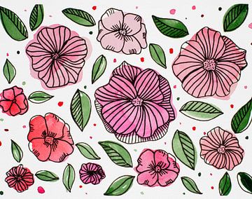 Aquarel en inkt roze bloemen van Angela Minca