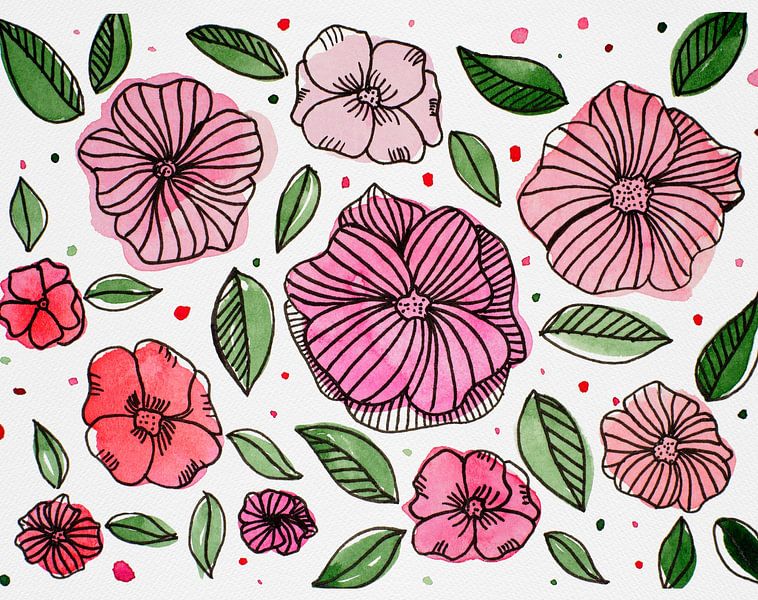 Fleurs roses à l'aquarelle et à l'encre par Angela Minca