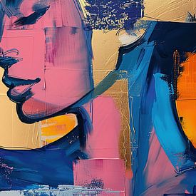 Frau Abstrakt | Minimalistisches Portrait Frau mit Blau von Blickfänger Gemälde