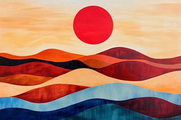 Red sun over gentle waveforms by Poster Art Shop