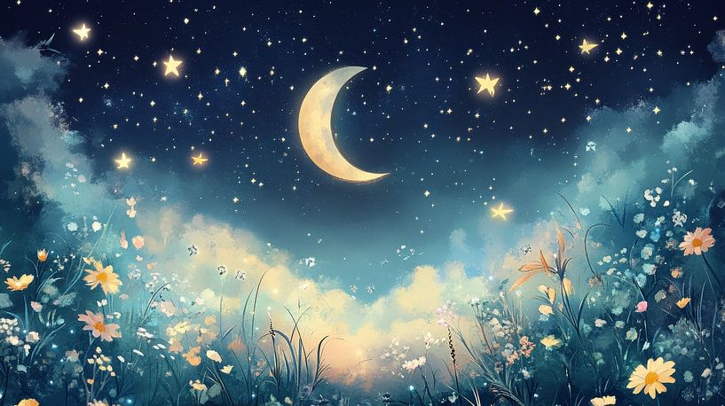 Moon over Flower Field in Starry Night by Eva Lee