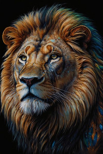 Visage d'un lion tranquille en couleur par Art & Soul Creations
