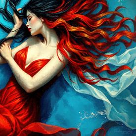 Vrouw onder water - Tussen slaap, droom en zinken, gedragen door blauwe diepten en de zachte adem van een rode jurk van AidasignArt