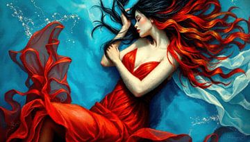 Vrouw onder water - Tussen slaap, droom en zinken, gedragen door blauwe diepten en de zachte adem van een rode jurk