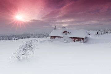 Ondegesneeuwde blokhut in Noorwegen tijdens zonsopkomst