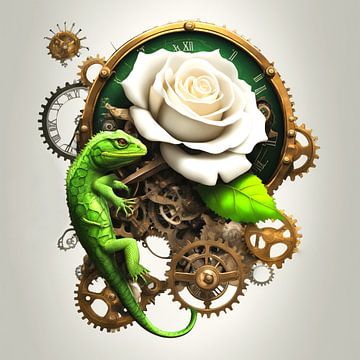 Un lézard vert rencontre une rose blanche sur une montre steampunk sur Quinta Mandala