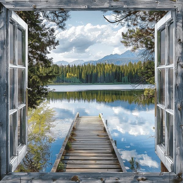 Mountain lake landscape through the window by Poster Art Shop