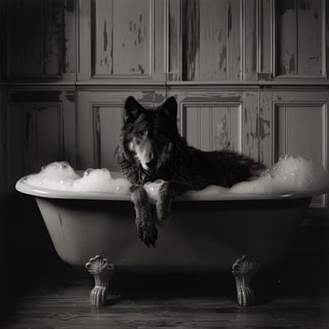 Loup sauvage dans une baignoire - Un tableau de salle de bain fascinant pour vos toilettes sur Felix Brönnimann