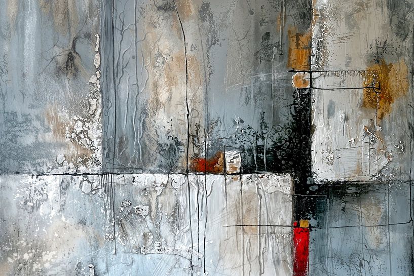 Geometrische Flächen – Grau-Rotes, geheimnisvolles Gemälde von BowiScapes Abstrakt und digitale Kunst