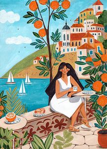 Mediterrane Frau auf einer Terrasse mit Orangenbaum und Meerblick