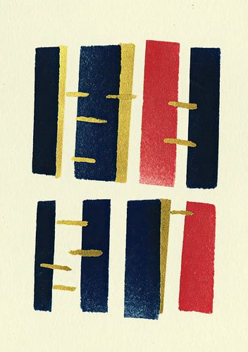 Geometrische compositie: blauw rood goud
