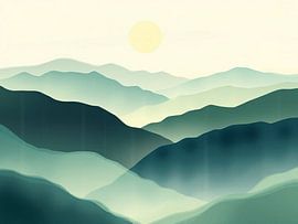 Majestätische Gelassenheit in den Bergen: Eine abstrakte Landschaft mit sanften Gipfeln und einer sanften Sonne in kühlen Grüntönen