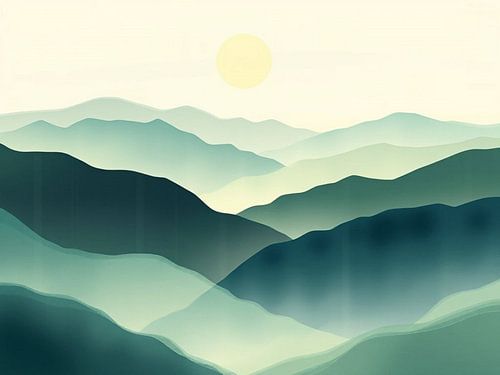 Majestueuze bergsereniteit: Een abstract landschap van glooiende bergtoppen en een zachte zon in koele groene tinten