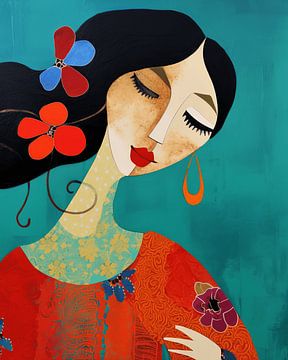 Colourful illustration in mainly shades of red and blue by Carla Van Iersel