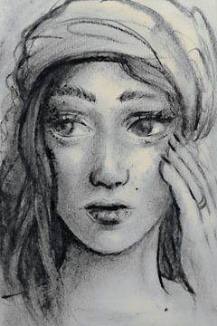 Charcoal portrait woman by Emiel de Lange