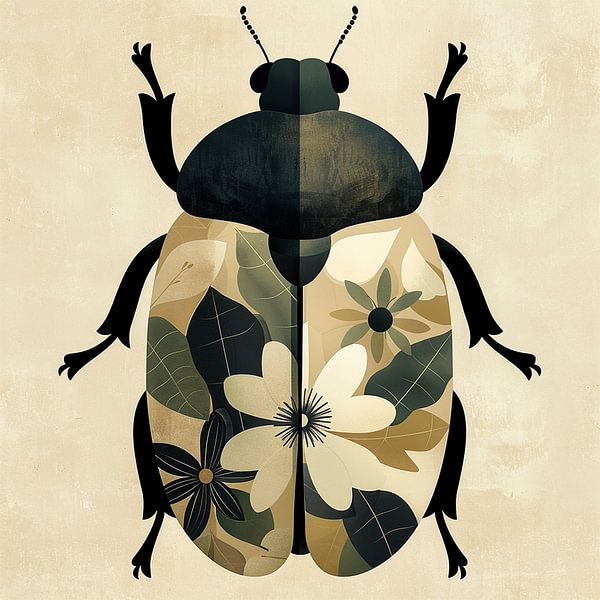 Japandi Käfer Illustration in beige und schwarz von Marijke Trienekens