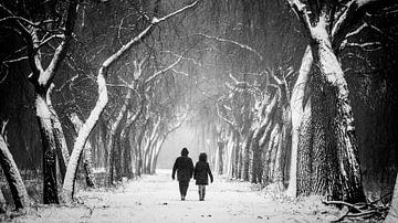 Wandelaars tussen treurwilgen in de sneeuw