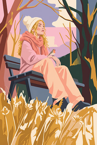 Clipart – woman wearing a hat sitting on a bench with a robin