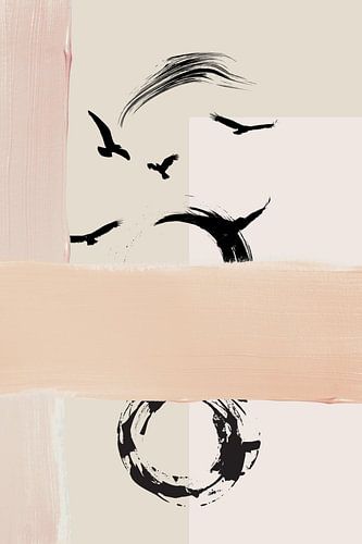 Art mural abstrait avec silhouettes d'oiseaux - Minimalist Japandi Style Digital Print