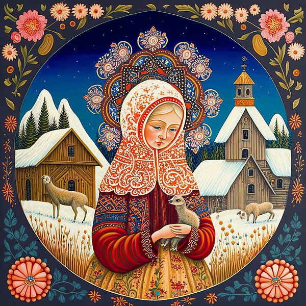 Folklore girl in winter landscape by Vlindertuin-Art