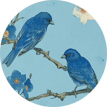 Twee blauwe vogels met lente bloesem van Vlindertuin Art