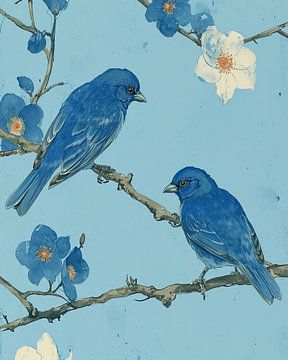 Twee blauwe vogels met lente bloesem van Vlindertuin Art