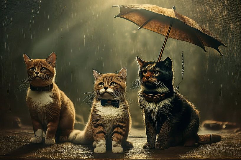 Drie katten in de regen met paraplu in een droomachtige setting van Patricia Hofmeester