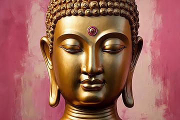 Serene Golden Buddha with Pink Background by De Muurdecoratie